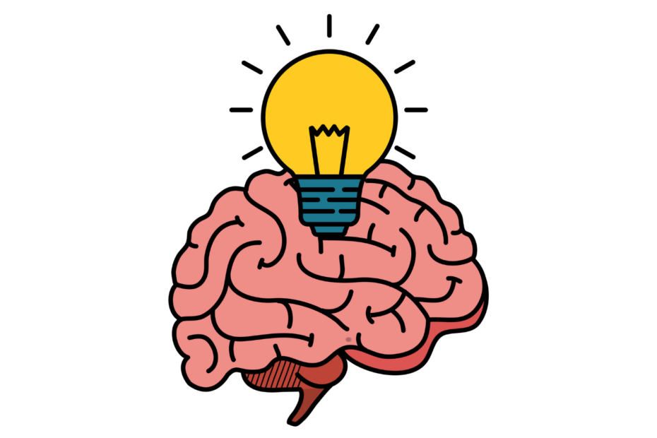 A drawing of a yellow lightbulb protruding from a pink brain.