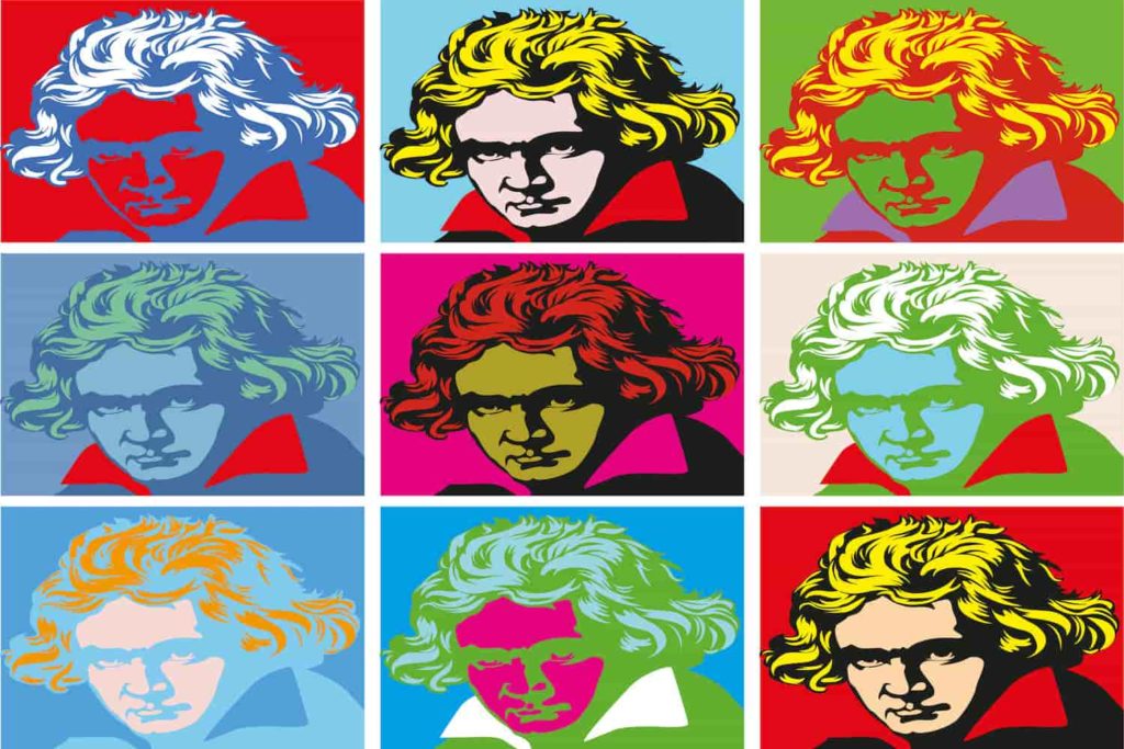 An Andy-Warhol inspired painting of brightly-colored repeating images of Beethoven.