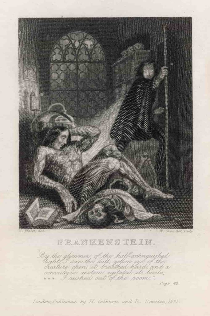 The title page of the novel Frankenstein featuring a printed image.