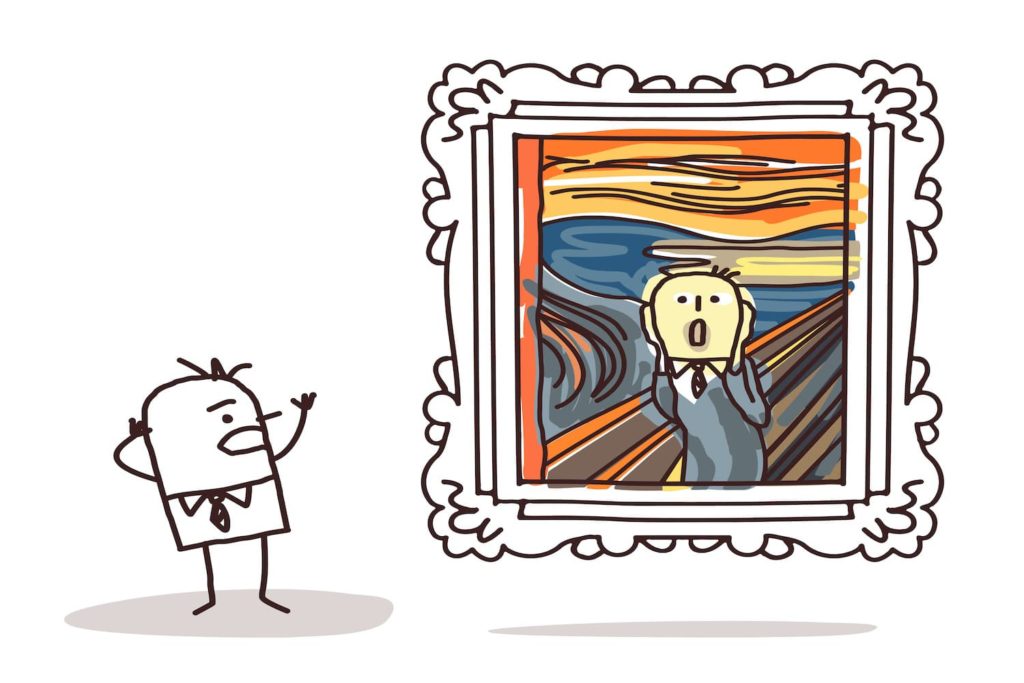 A disturbed stick figure views a cartoon version of Edvard Munch’s painting “The Scream.”
