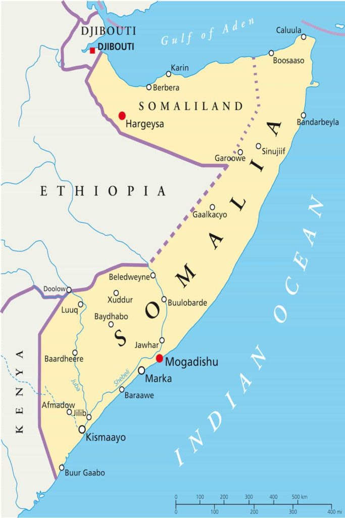 A map of the country of Somalia indicating major cities and neighboring countries.