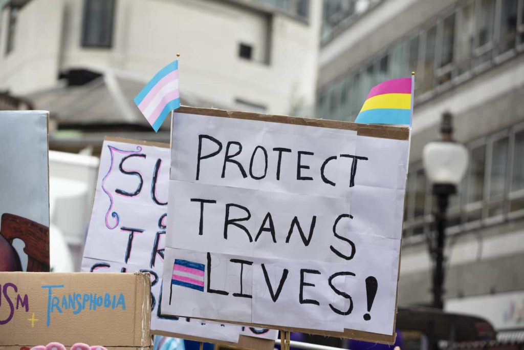Protest signs with the message “Protect Trans Lives” and transgender flags.