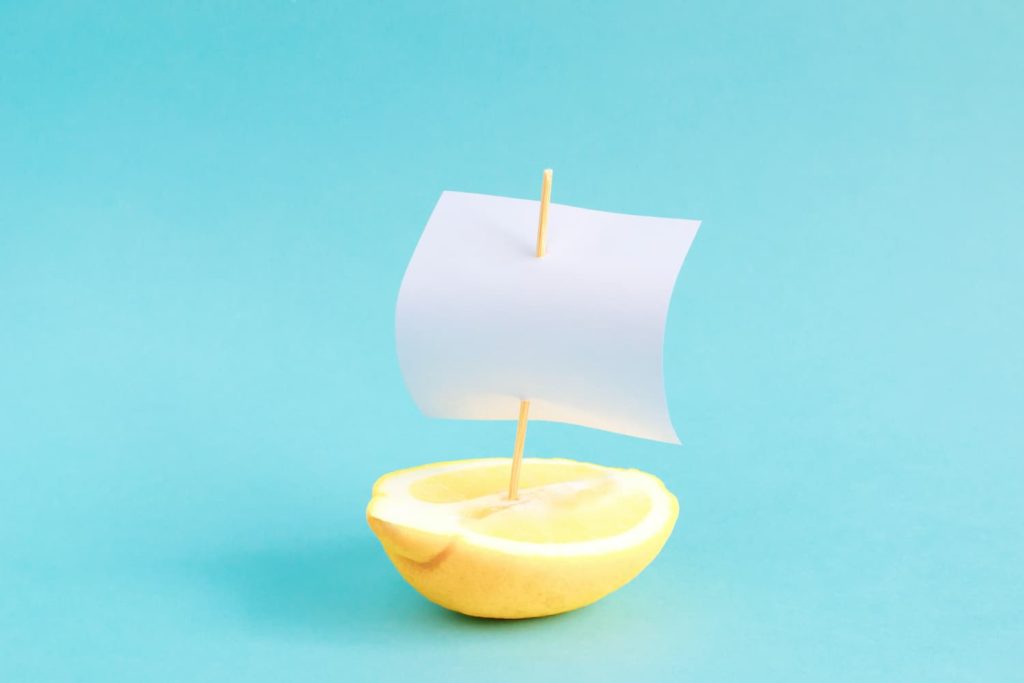 A lemon cut to resemble a boat with a paper sail attached to a toothpick mast.