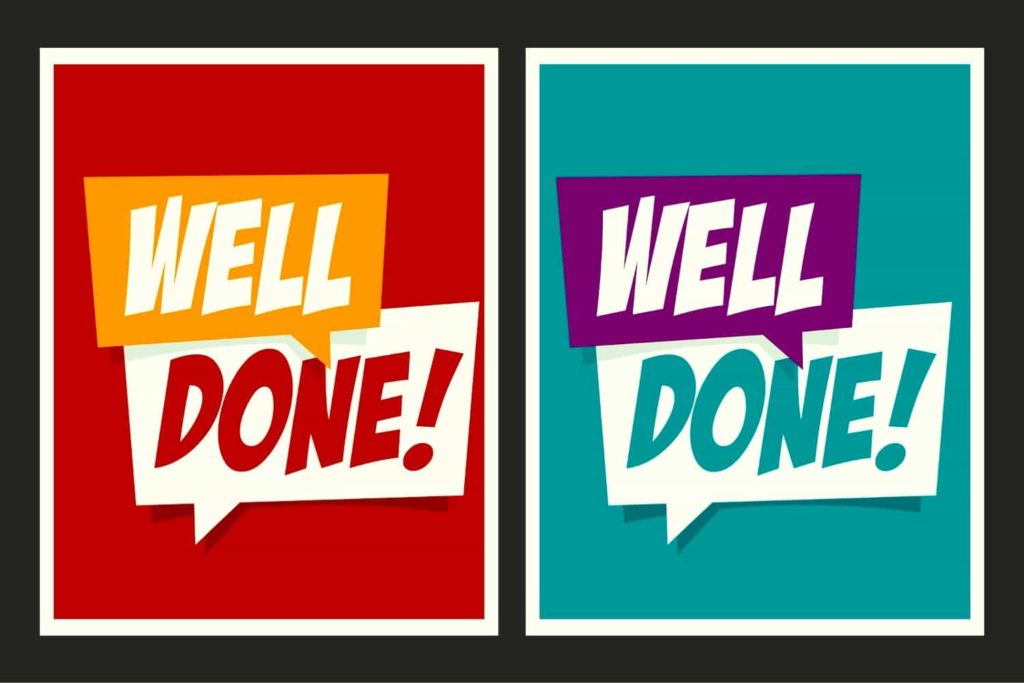 Two comic-book text frames reading, “well done,” in colorful lettering.