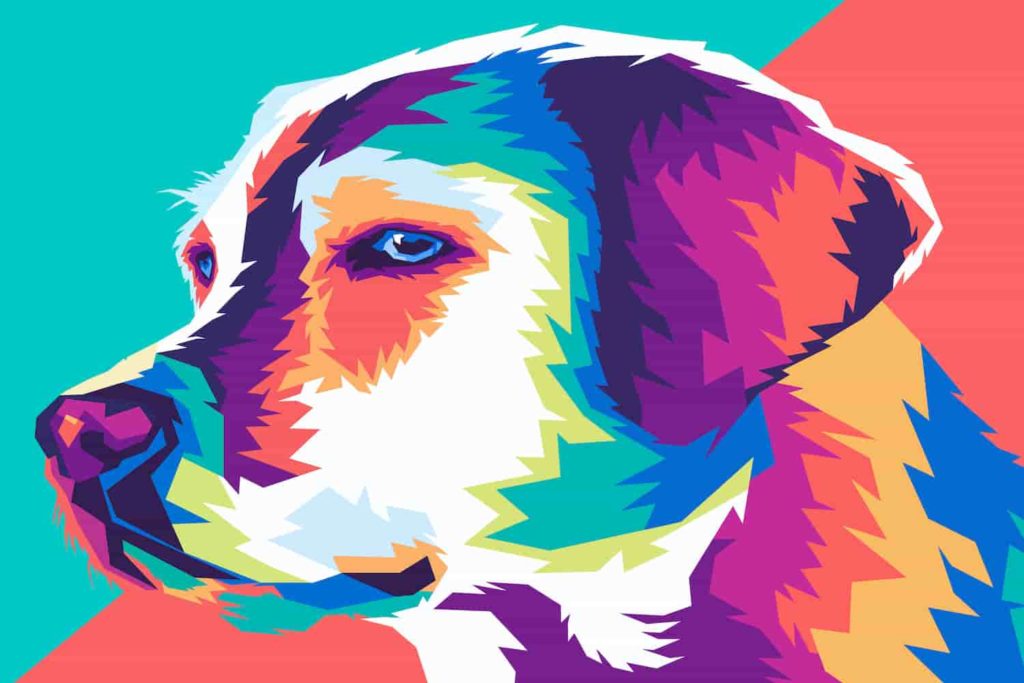 A brightly colored and stylized drawing of a dog’s head.