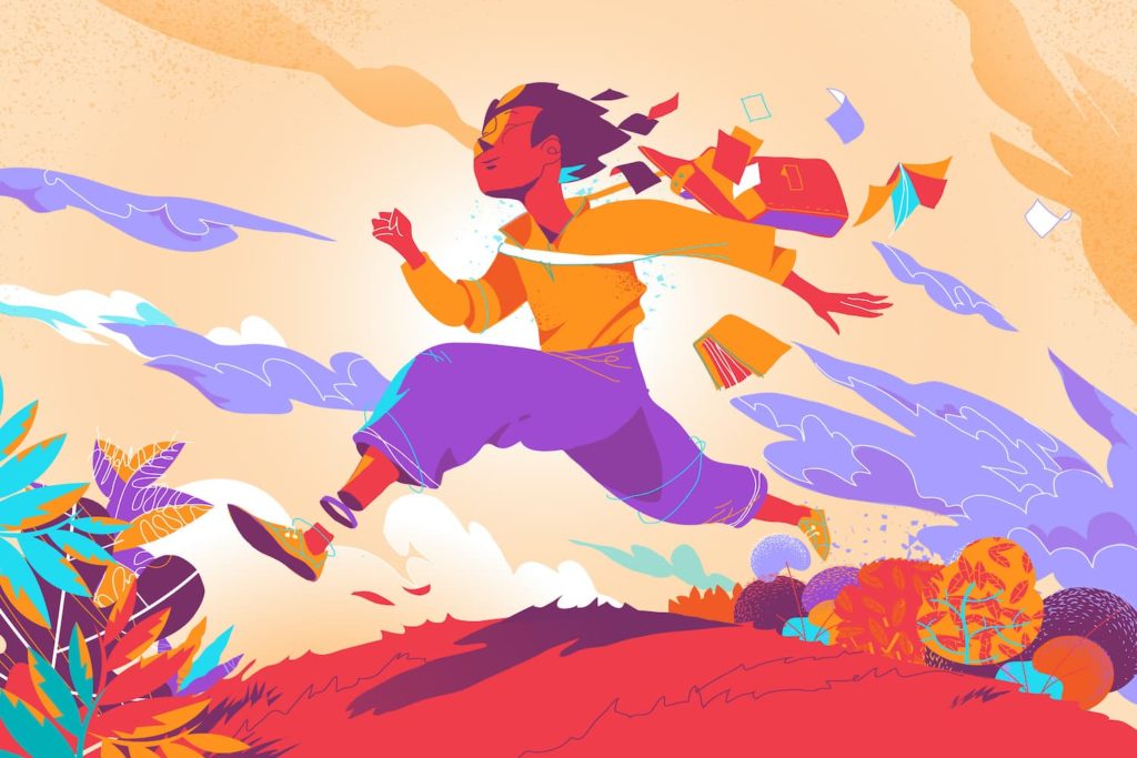 A colorful image of a child running with books flying out of her backpack.