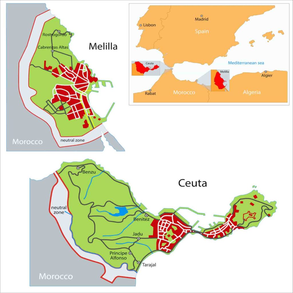 A map showing the location of Ceuta on the northern coast of Africa, just south of Spain.