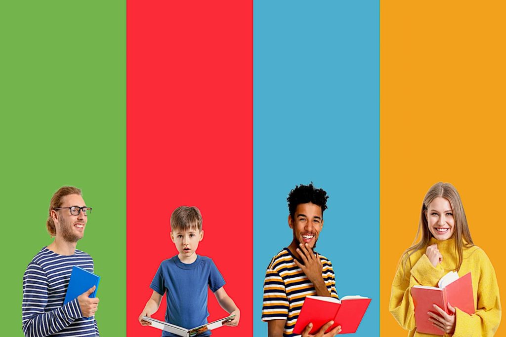 Students of different ages carrying books against a multicolored background.