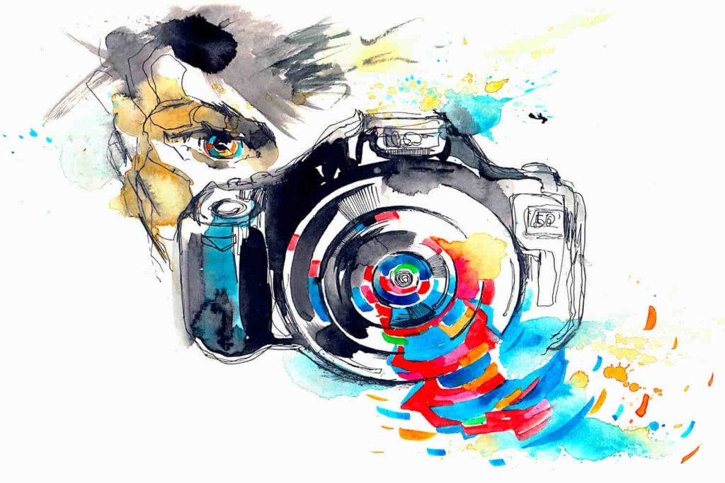 A watercolor painting of a face behind a camera lens.