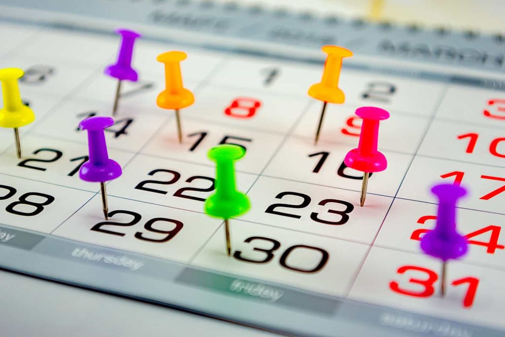 A page of a calendar marked with colorful pushpins.