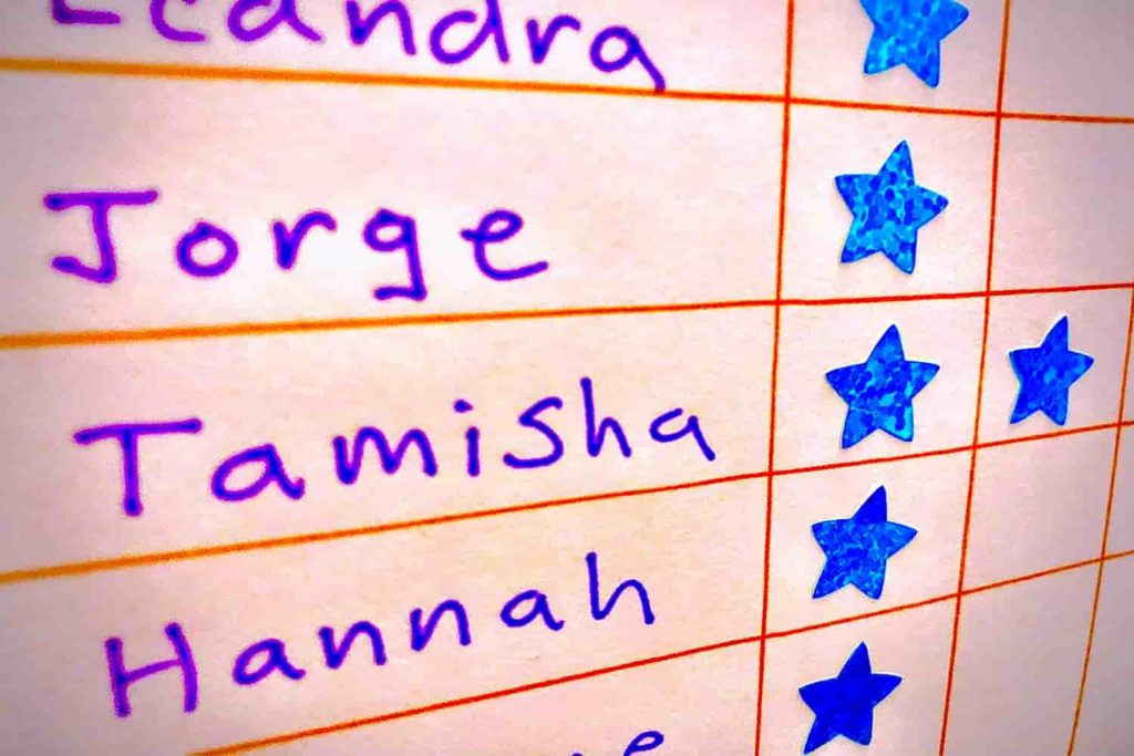 A chart from a children’s classroom with stars marking accomplishments.