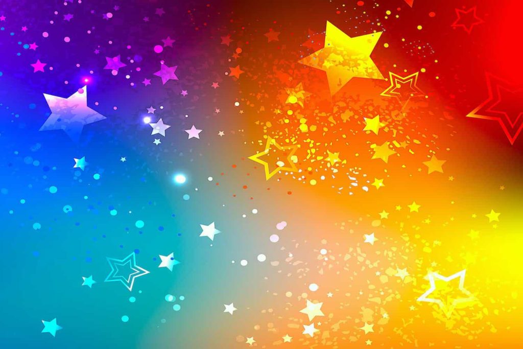 A multi-colored background scattered with stylized stars.