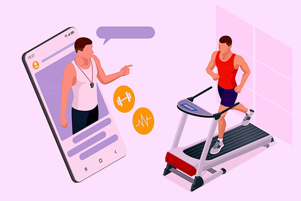 An image of a man on a treadmill next to an image of smart phone on which the man’s steps are tracked.