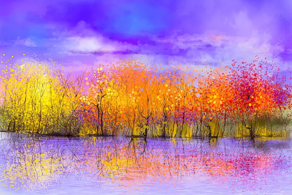 A painting of fall landscape with trees and a rainy sky reflecting in a lake.