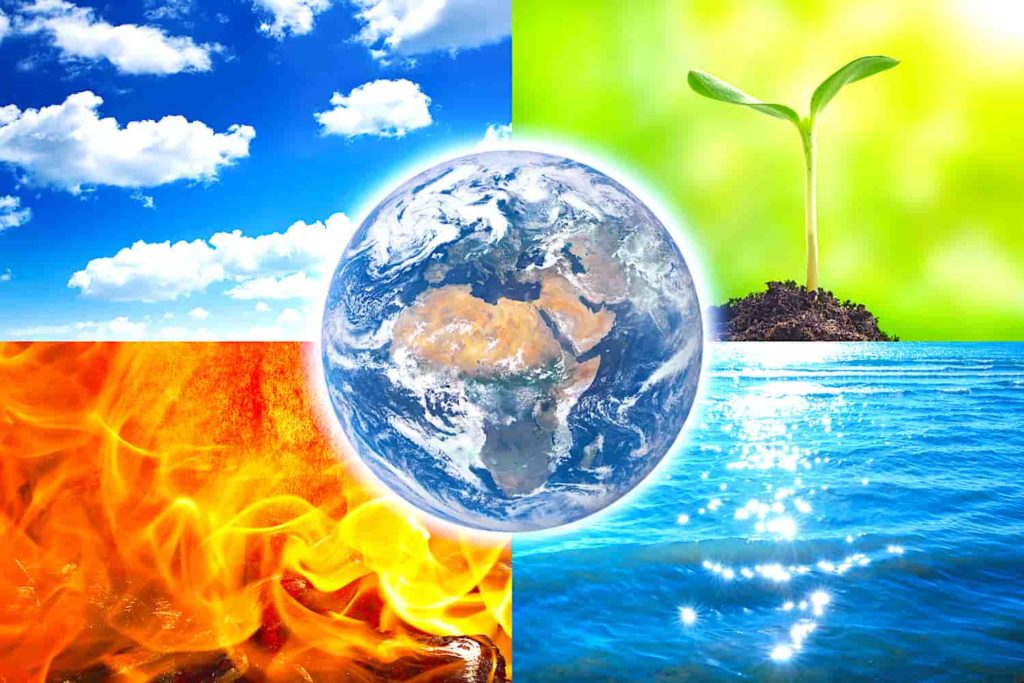A visual representation of the four elements (water, fire, earth, and air) with a photo of planet earth superimposed.