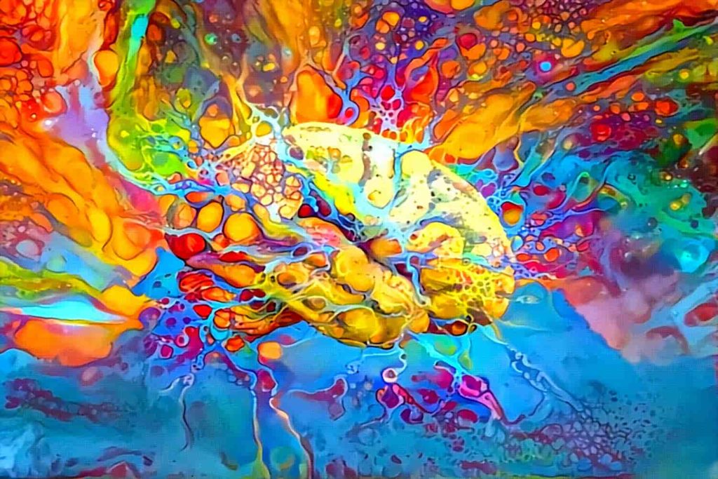 A painting of a colorful brain on a colorful background.