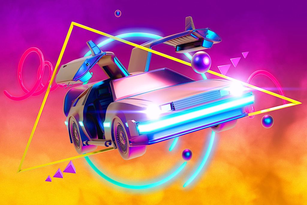 A stylized Delorean car on a neon-colored background.