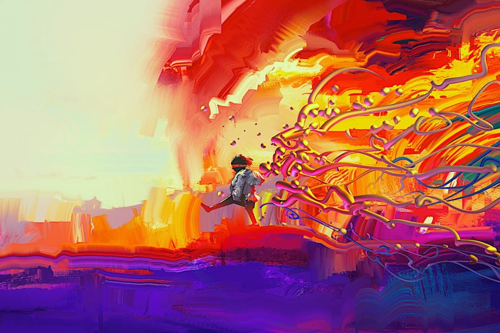 A painting of a child walking in a colorful and abstract landscape.