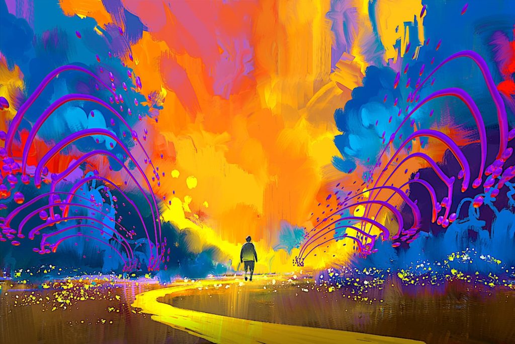 A painting of a man on a path surrounded by a colorful abstract landscape.