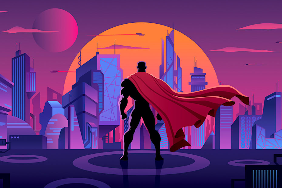 A caped superhero looking onto a futuristic skyline.