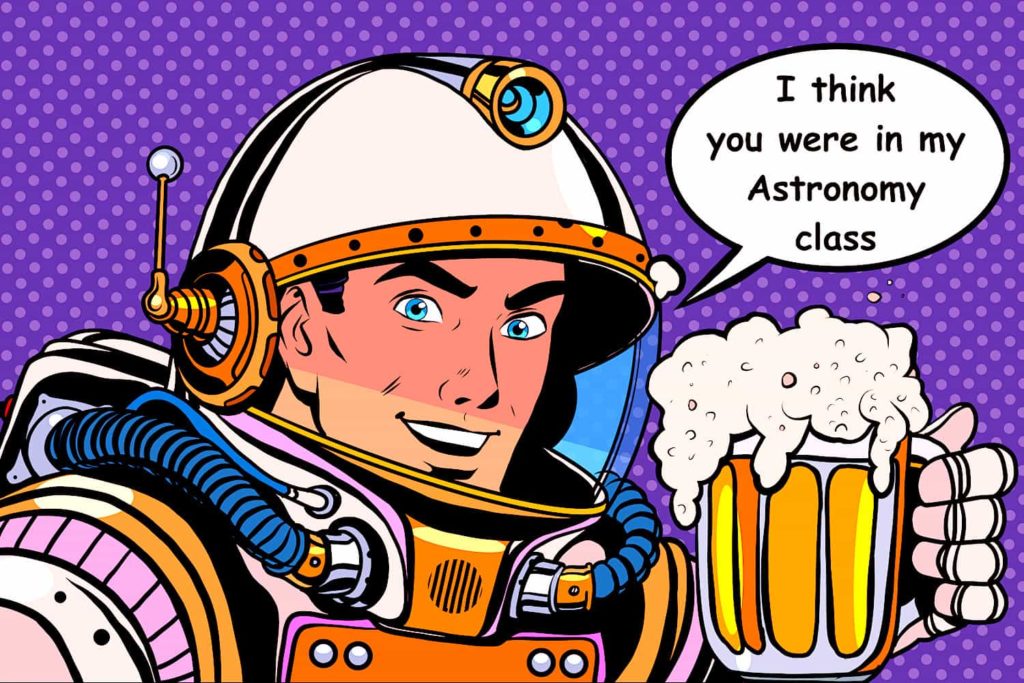 A comic book frame of an astronaut holding a carbonated beverage.