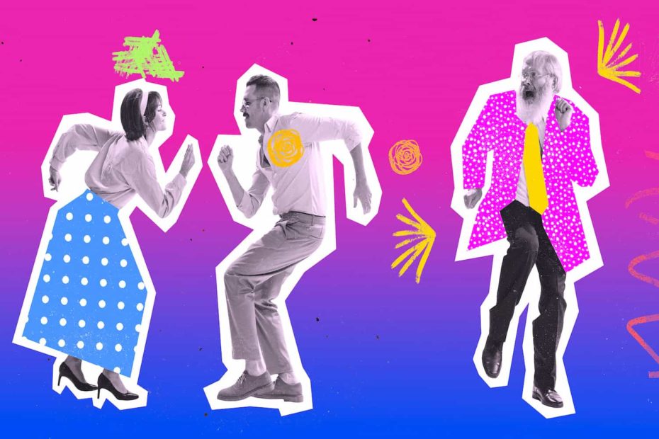 Black and white photos of people dancing positioned on a colorful background.