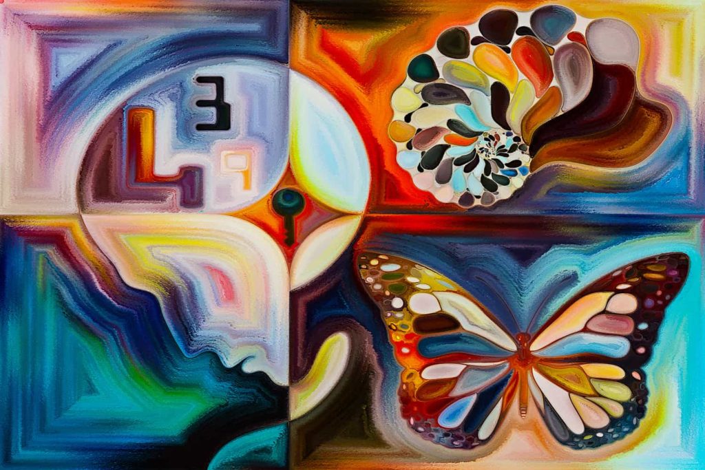 An abstract painting in bright colors with a downturned face and a butterfly.