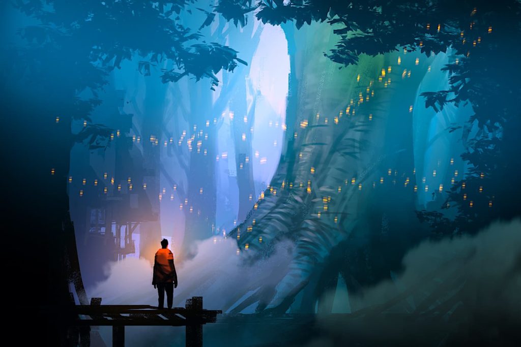 A painting of a person in a landscape at dusk with fireflies.