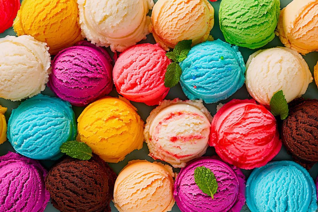 An assortment of colorful scoops of ice cream arranged in rows.
