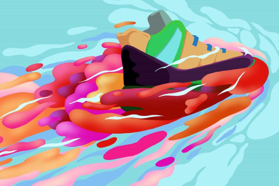 A colorful image of a sneaker gliding through a puddle.