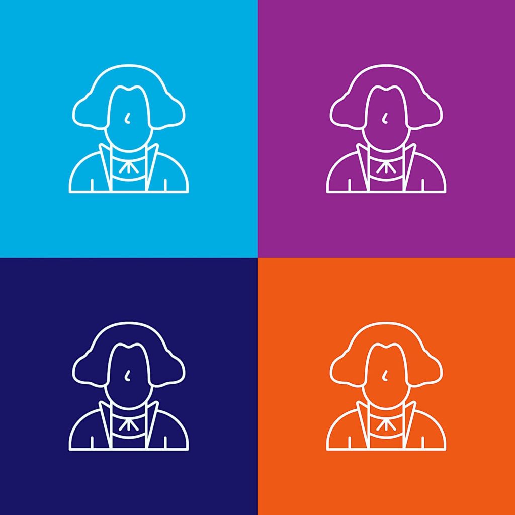 A worholesque image of four drawings of George Washington, each in a different color.